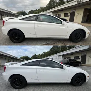 White coupe with black wheels parked beside a building, shown from the side in two stacked photos.