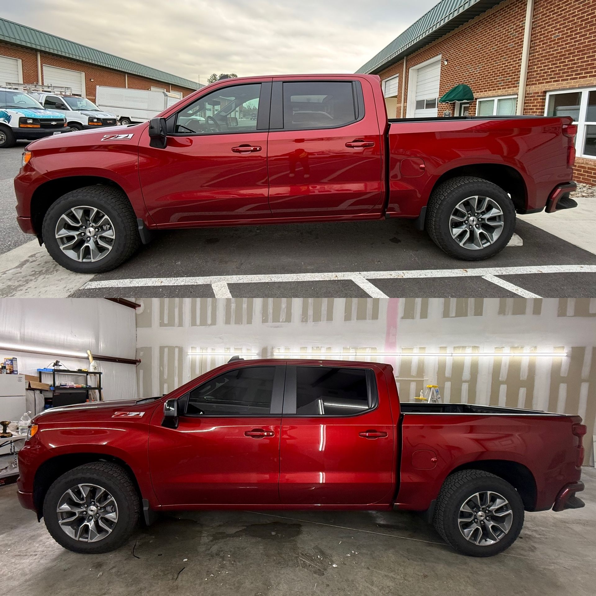 Red pickup truck shown outdoors and in a garage, side view in both settings.