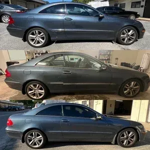 Three side-view photos of a dark blue coupe parked outdoors, showing different angles.