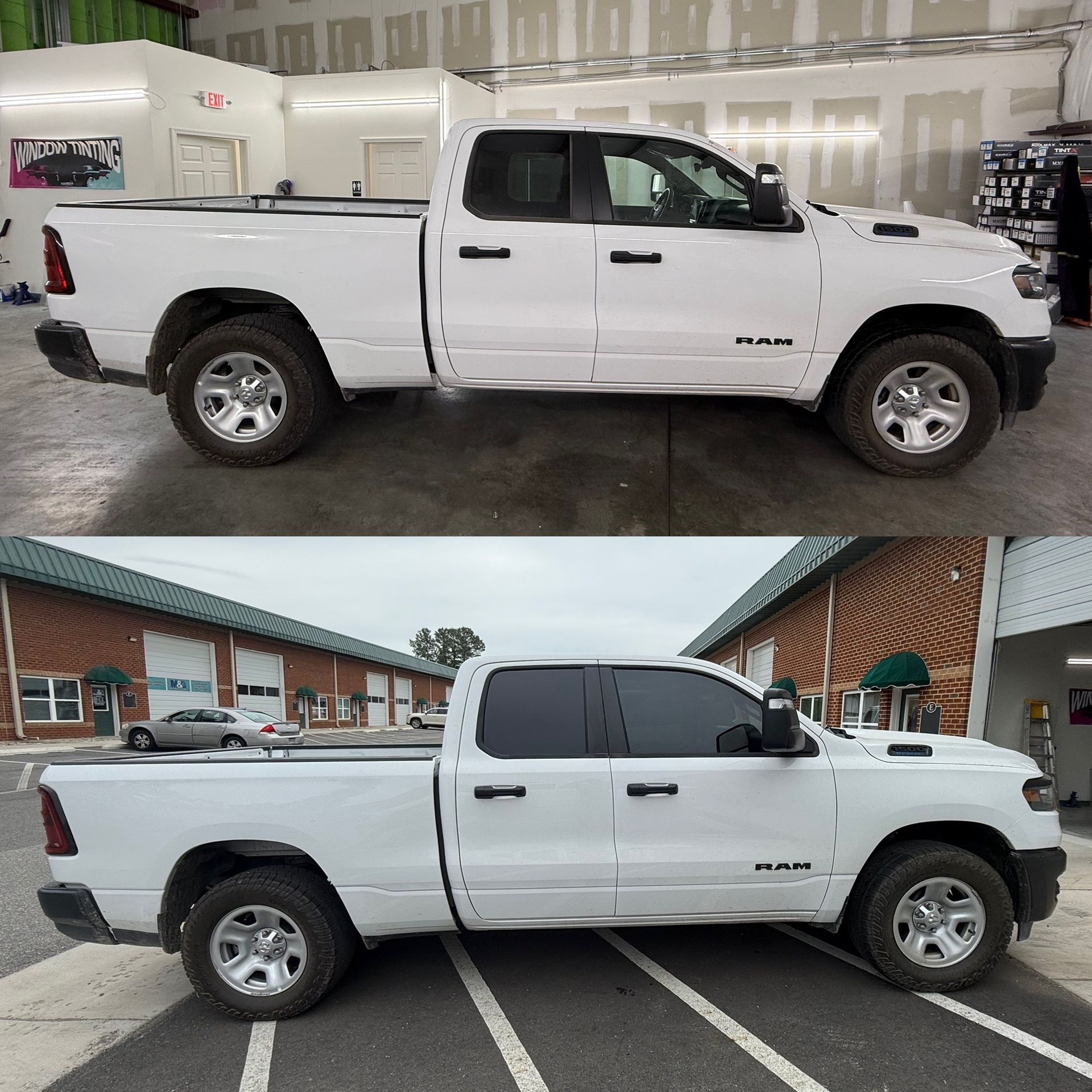 White Ram pickup truck shown in side view in a garage and then parked outdoors in a parking lot