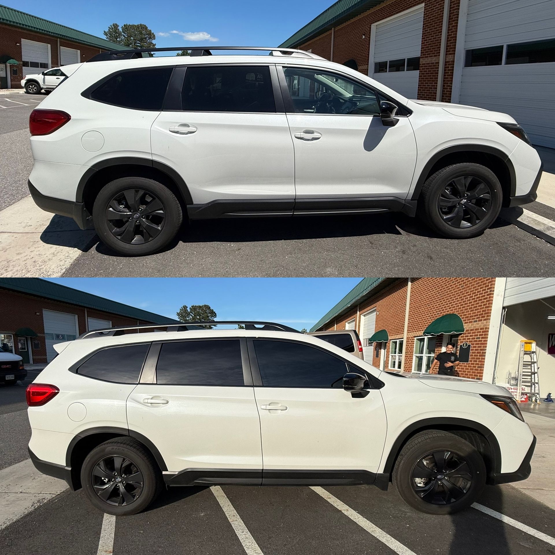 White SUV parked in a lot, shown in two side-profile views, with black wheels and tinted windows.