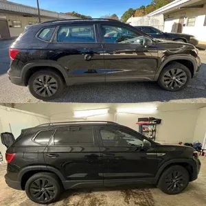 Black SUV shown in two side views, parked outdoors in daylight and inside a garage.