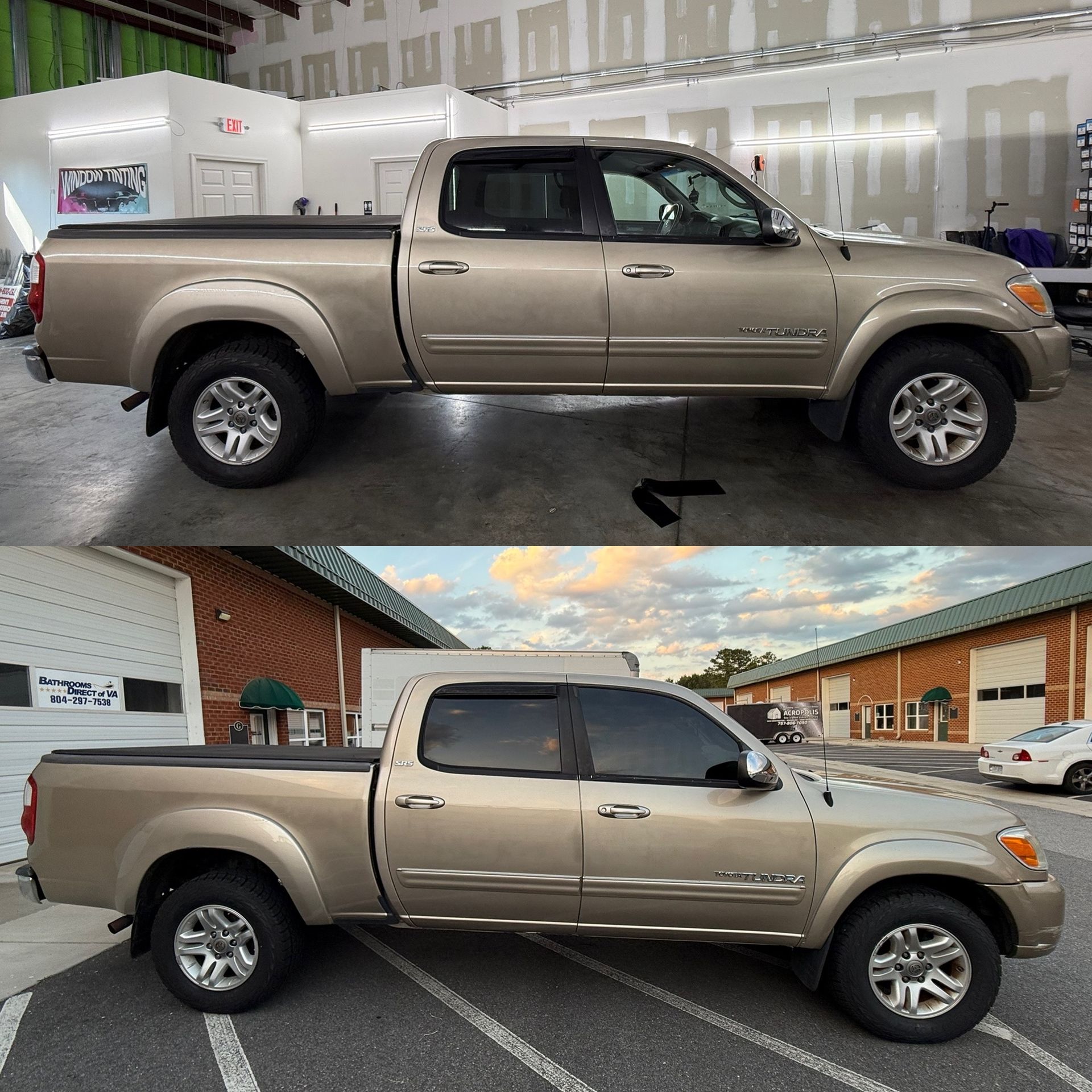 Beige pickup truck shown indoors and outdoors, side view comparison, with a dent on the door and bed side.