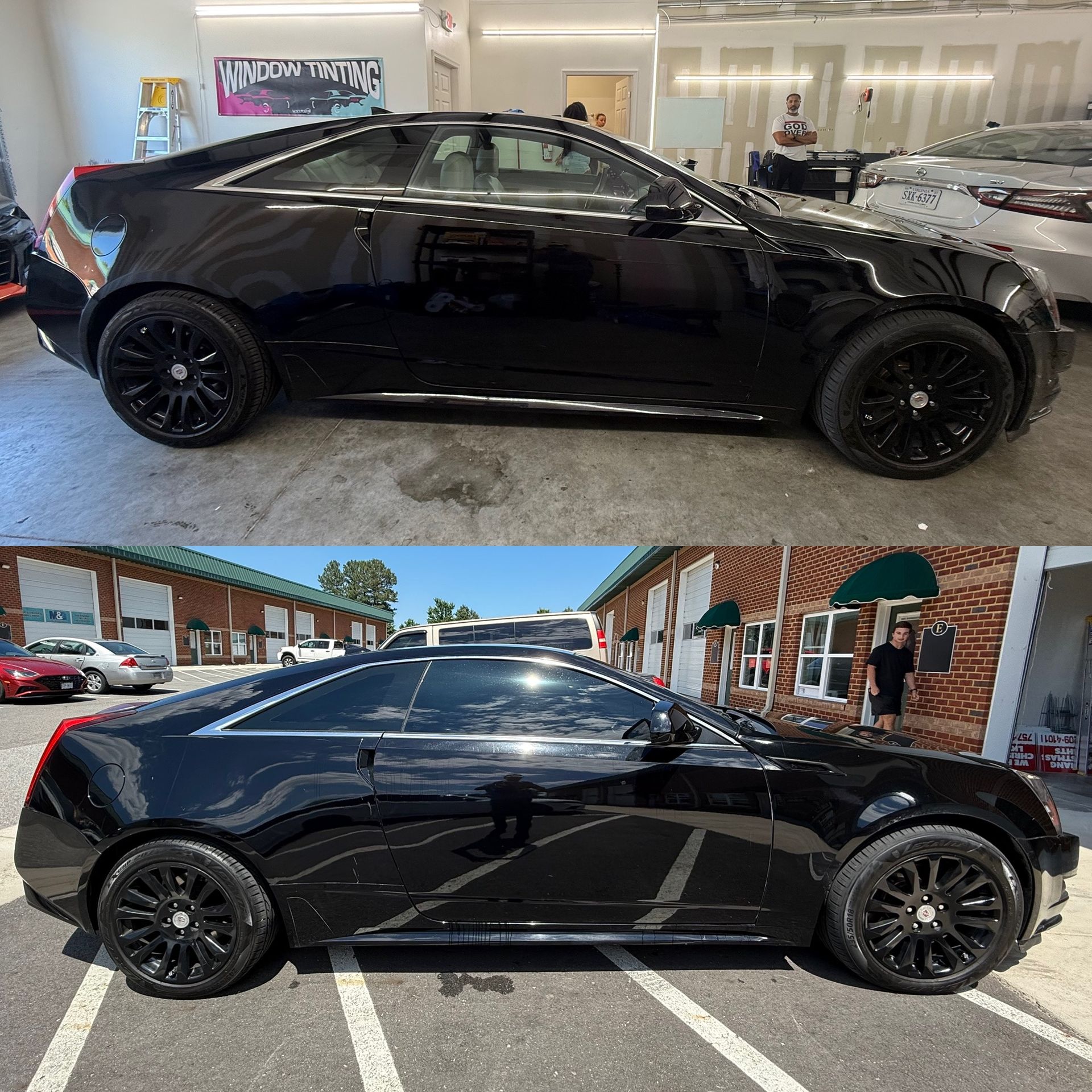 Black sports coupe shown in indoor showroom and outdoor street views, side profile.