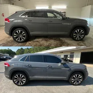 Gray SUV shown in side view, parked indoors and outdoors in two comparison photos