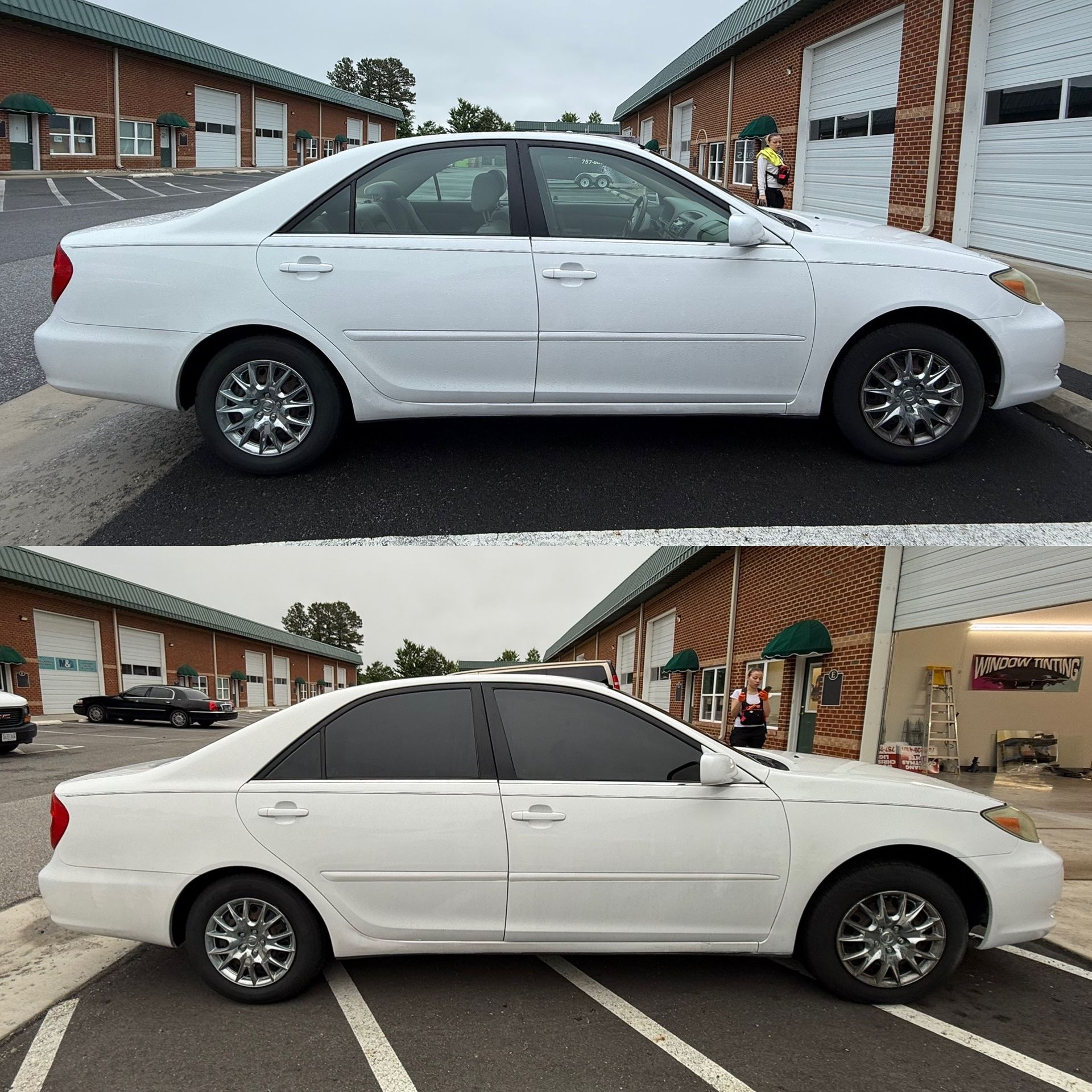 White sedan parked outdoors, shown in side view in two different lighting conditions.
