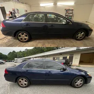 Blue sedan shown in two side-view photos, parked indoors and outdoors.