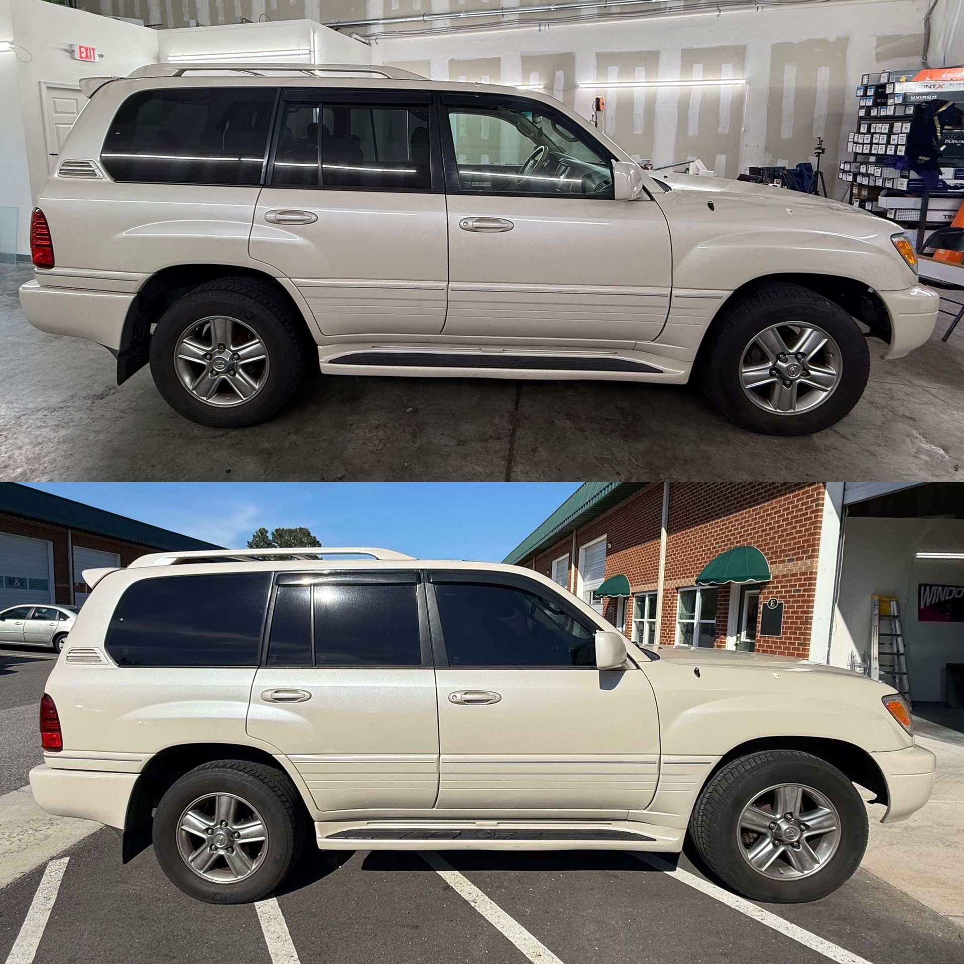 Beige SUV shown indoors and outdoors, side view, with dark tinted windows and chrome trim.