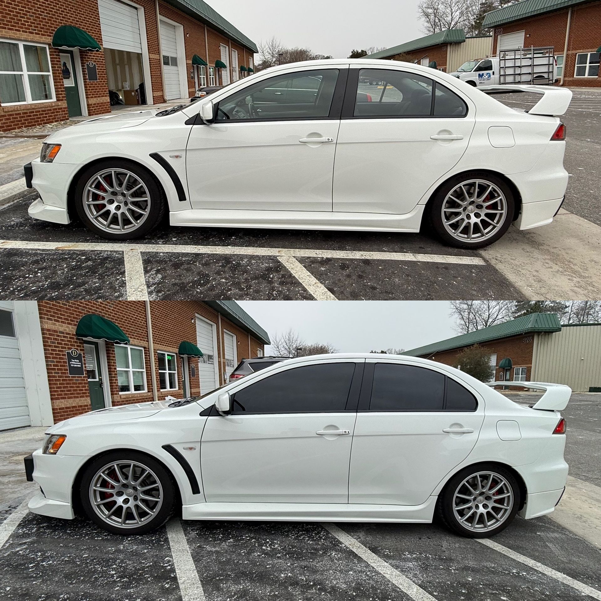 White sedan with tinted windows and a rear spoiler, shown in two side-view angles in a parking lot.