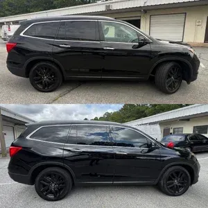 Black SUV in side view, shown in two photos parked outside a building.