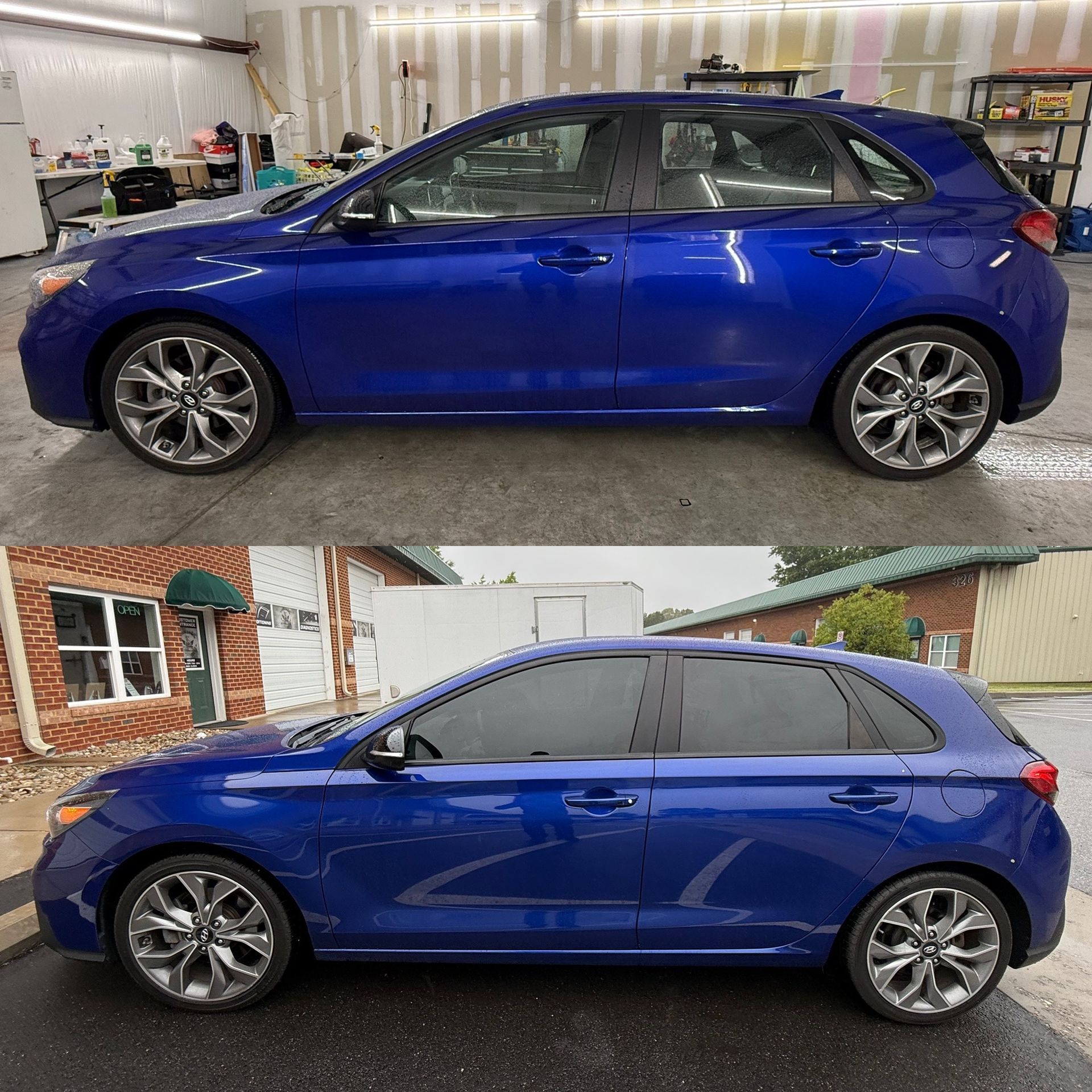 Blue hatchback car shown in side view, indoors above and outdoors below, with tinted windows and alloy wheels