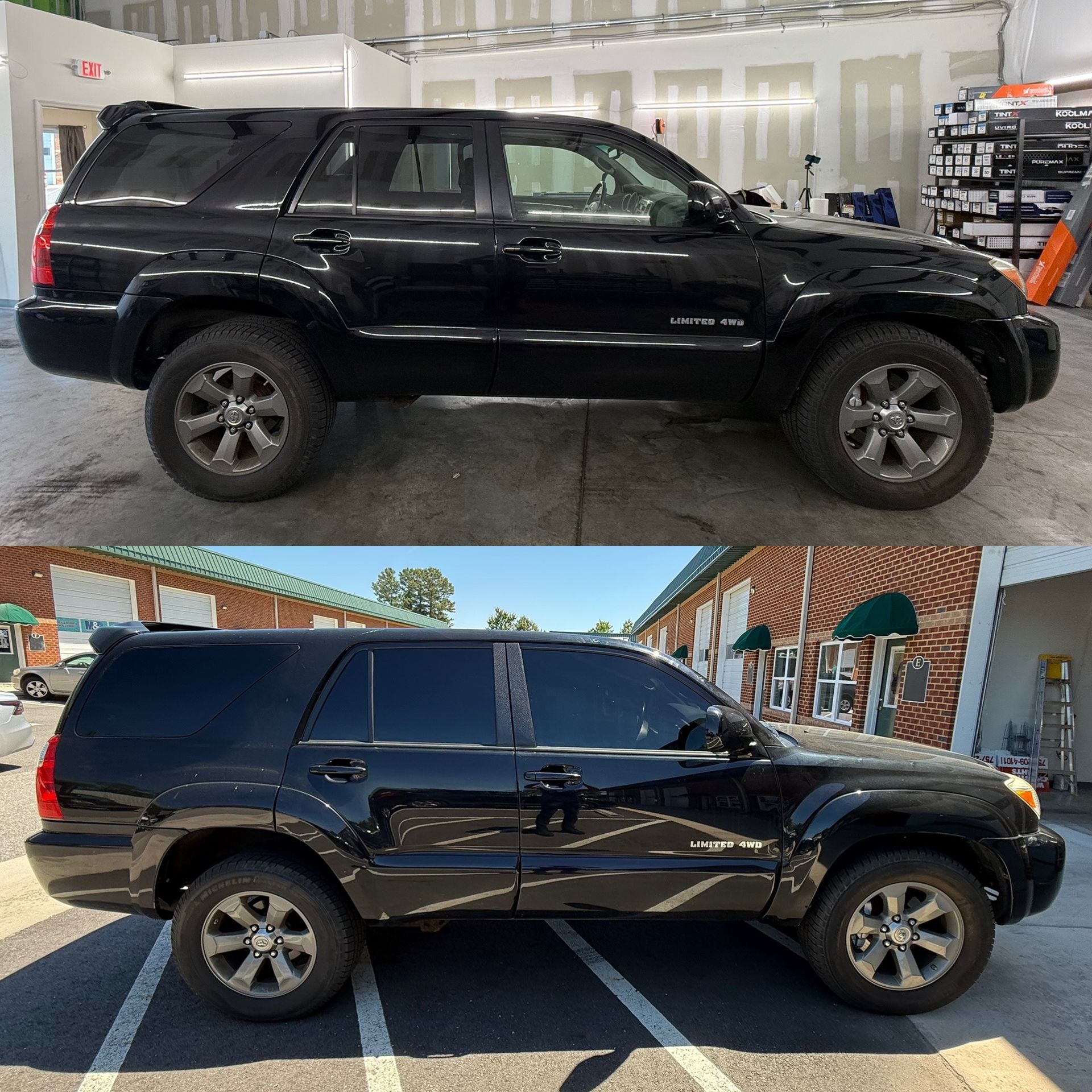 Black SUV shown in side profile indoors and outdoors, with tinted windows and silver wheels.