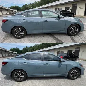 Blue-gray sedan shown in side view, before and after a dark window tint change.