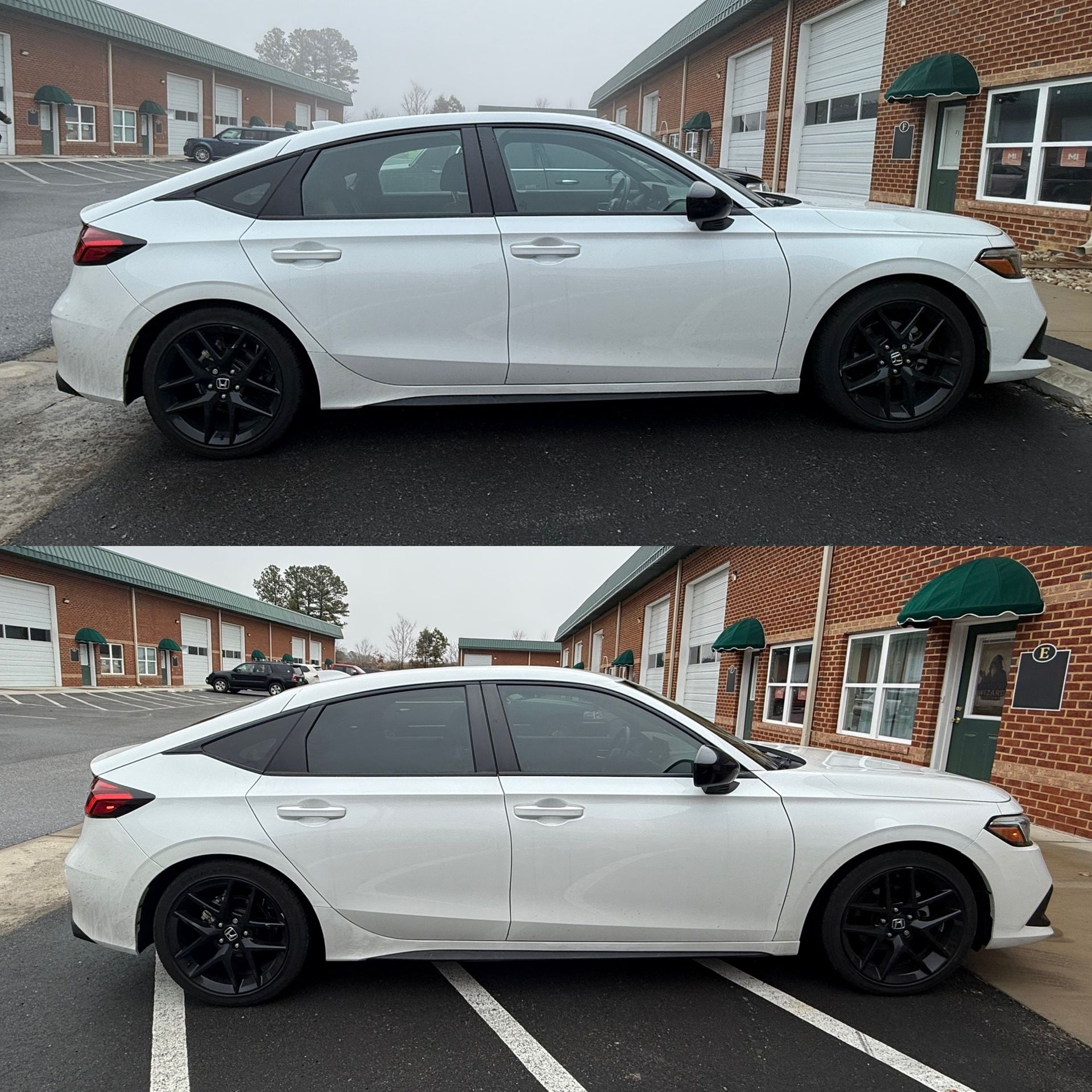 Two side-view photos of a white sedan with black wheels parked in front of brick buildings in wet weather