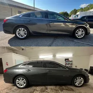 Side-view dark gray sedan shown outdoors and indoors, likely for vehicle damage comparison.