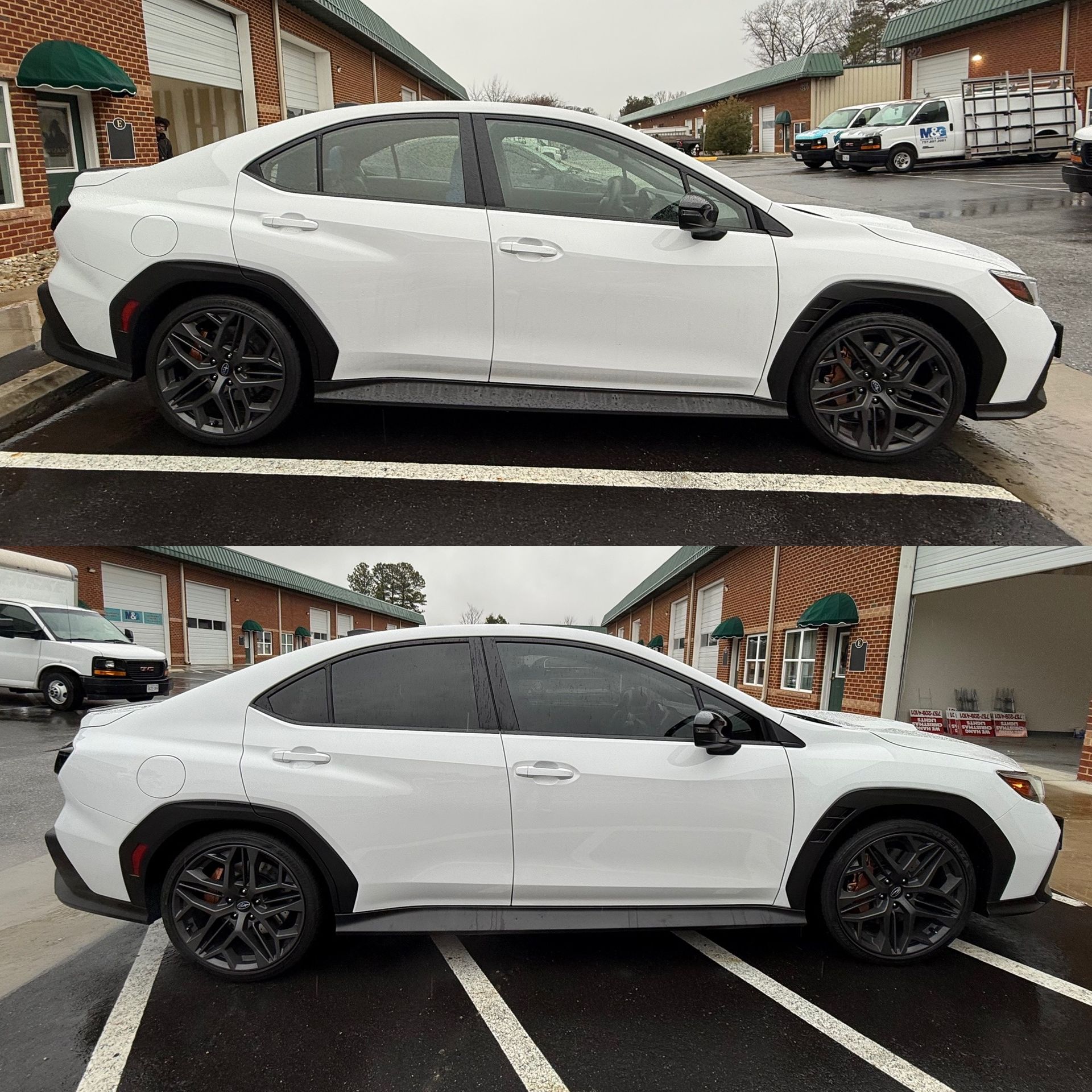 White sedan shown from the side in a parking lot, displayed in two stacked photos.