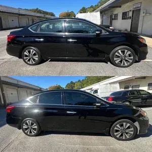 Black sedan shown in side view in a bright parking lot, with two similar angles stacked vertically