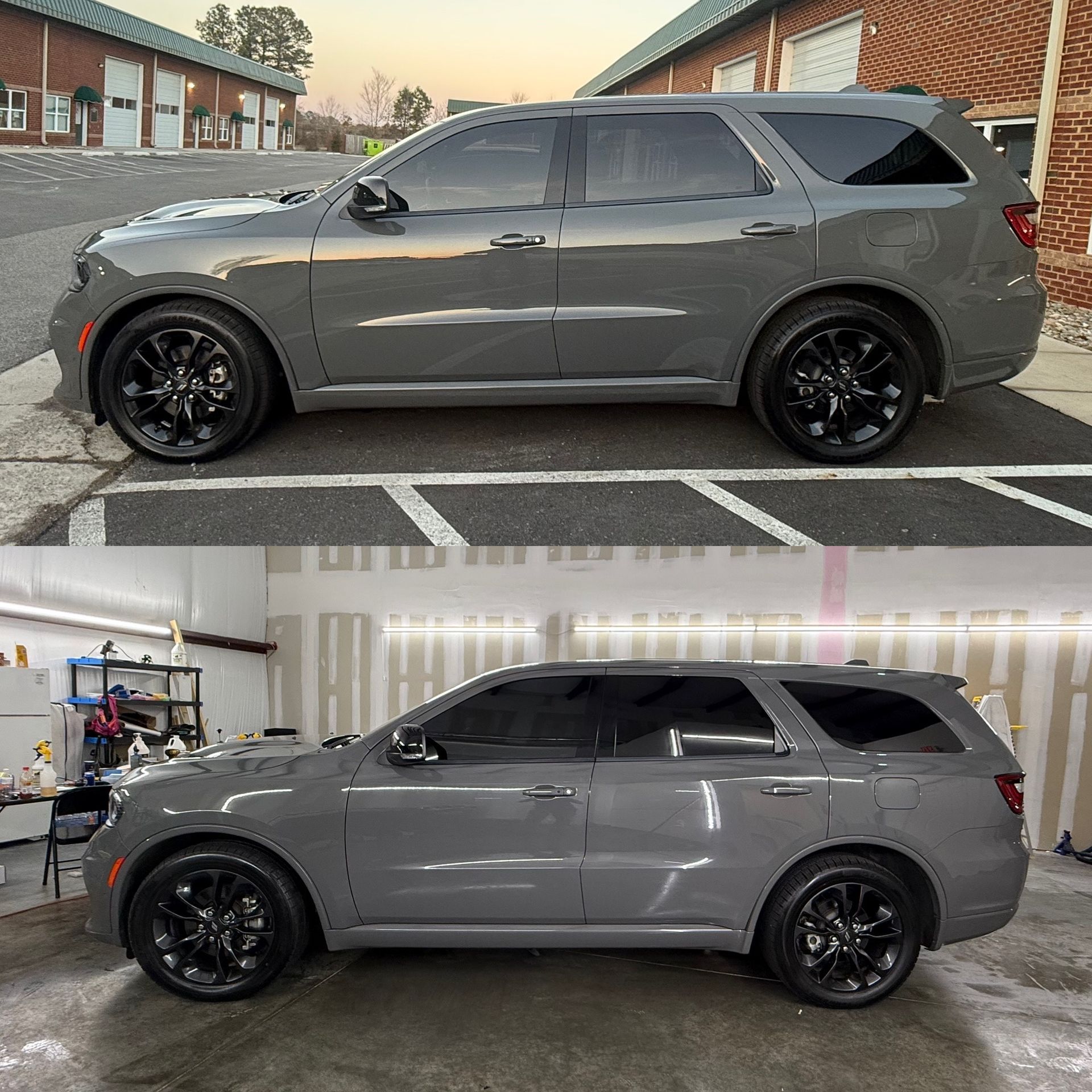 Gray SUV side view in two settings: outdoors at dusk and indoors in a garage-like space.