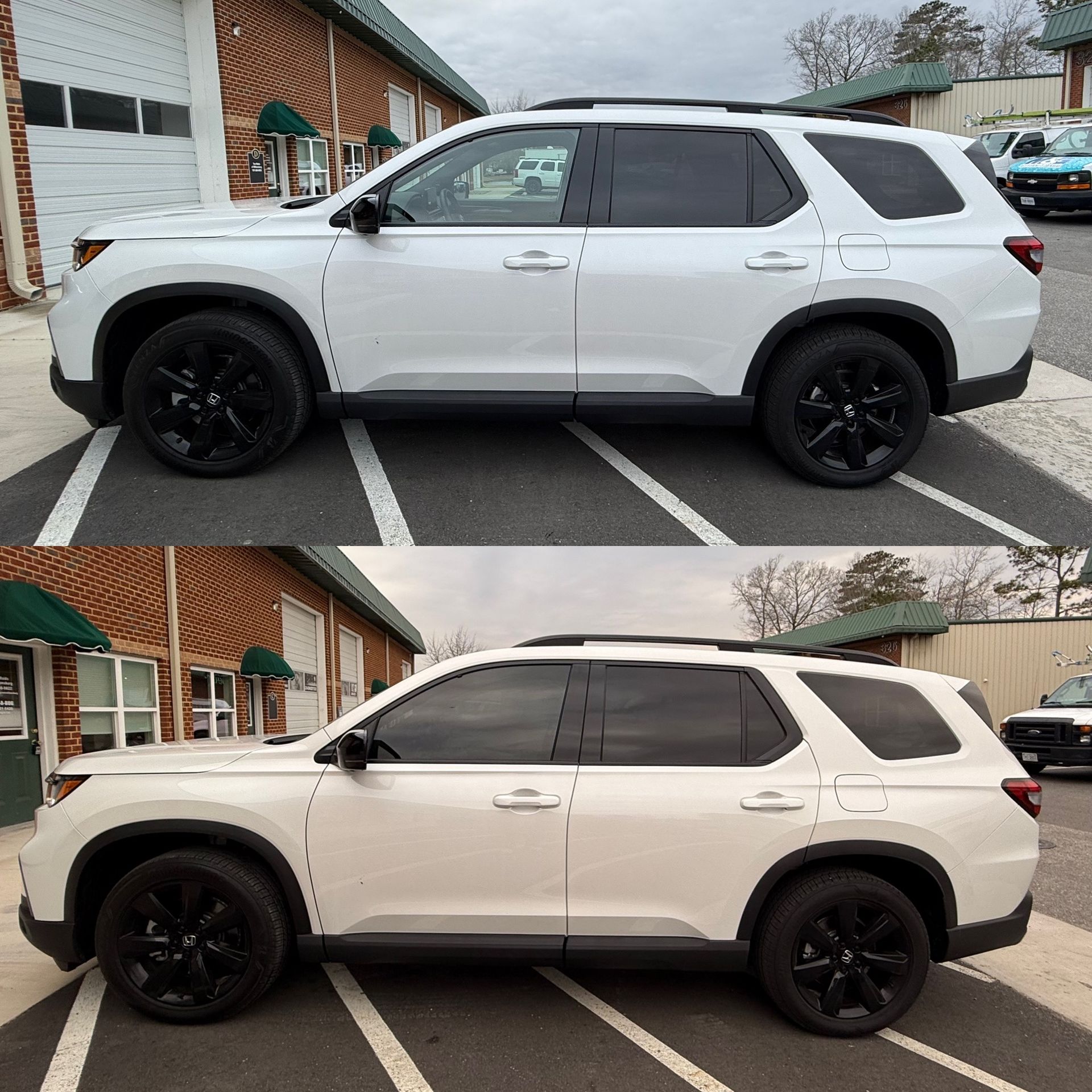 Side-by-side comparison of a white SUV with black wheels, shown in two different roofline styles.