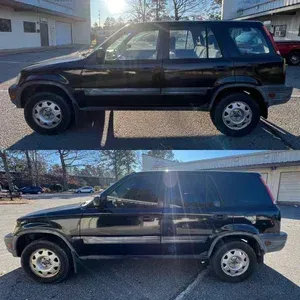 Black SUV parked outdoors, shown from the side in two photos with bright sunlight glare.