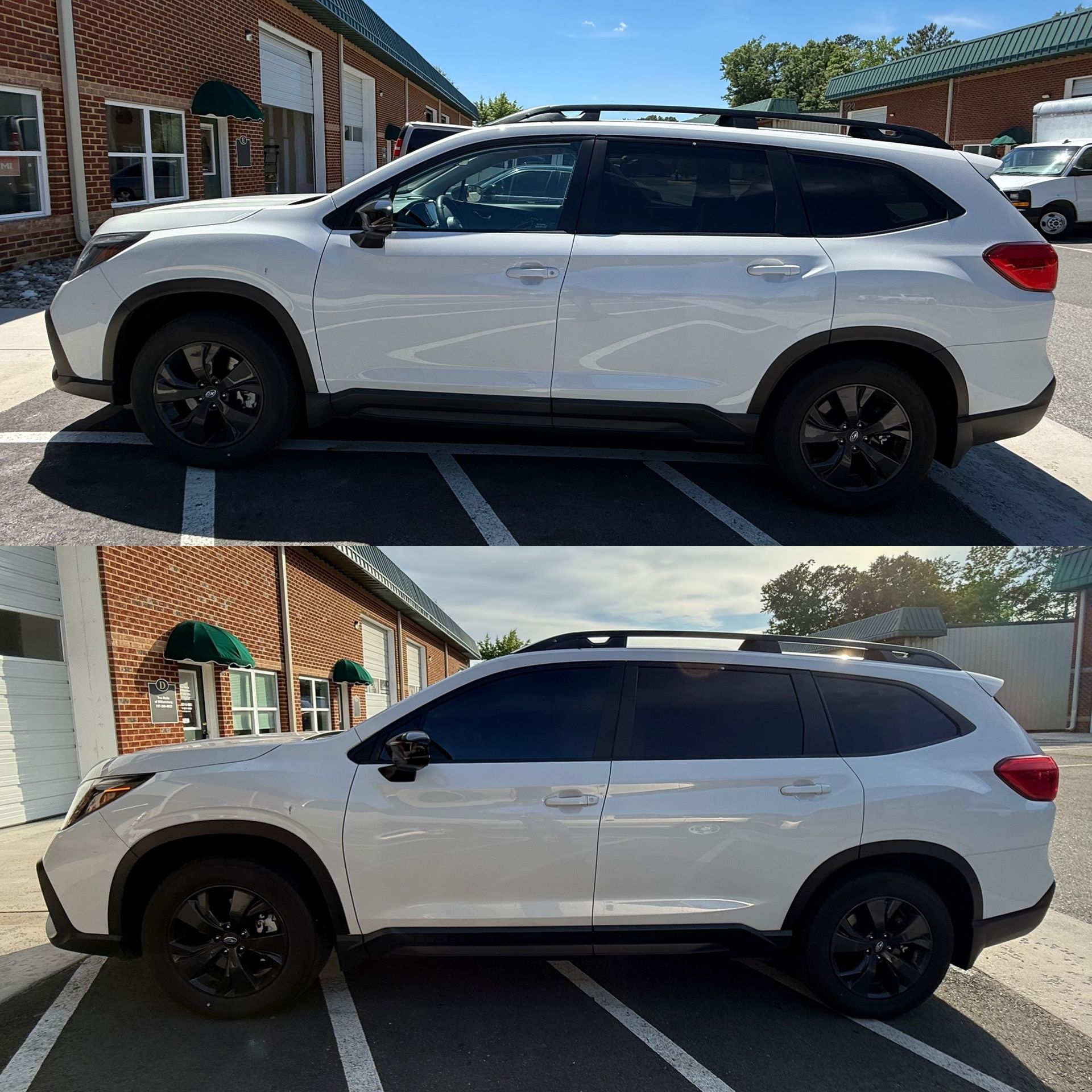 White SUV parked in front of a brick building, shown in two side-profile views.