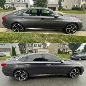 Gray sedan parked along a residential street, shown from the side in two similar views.
