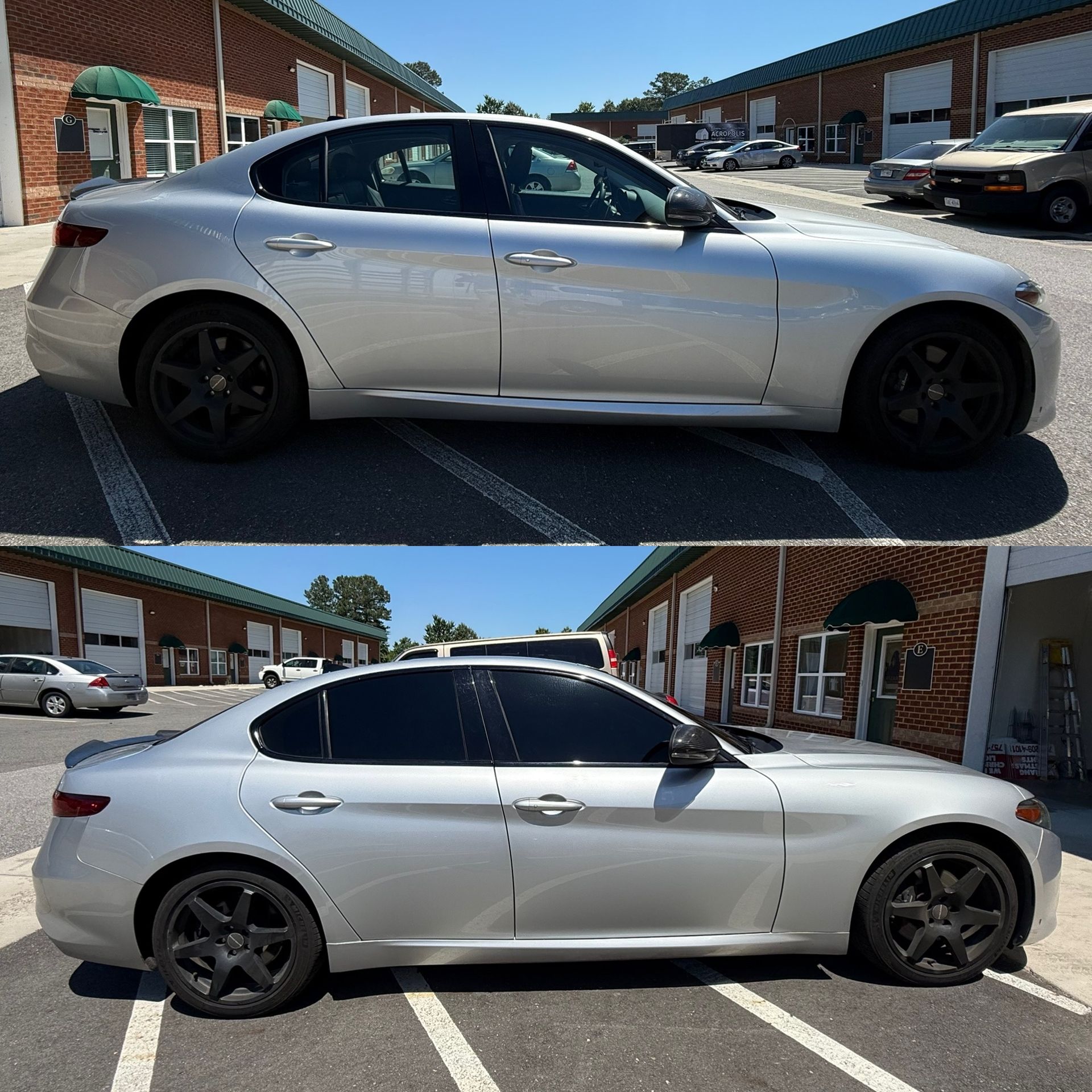 Silver sedan with black wheels shown from the side in a parking lot, in two near-identical views.