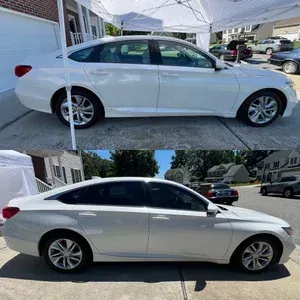 White sedan parked in a driveway, shown from the side in two similar photos.