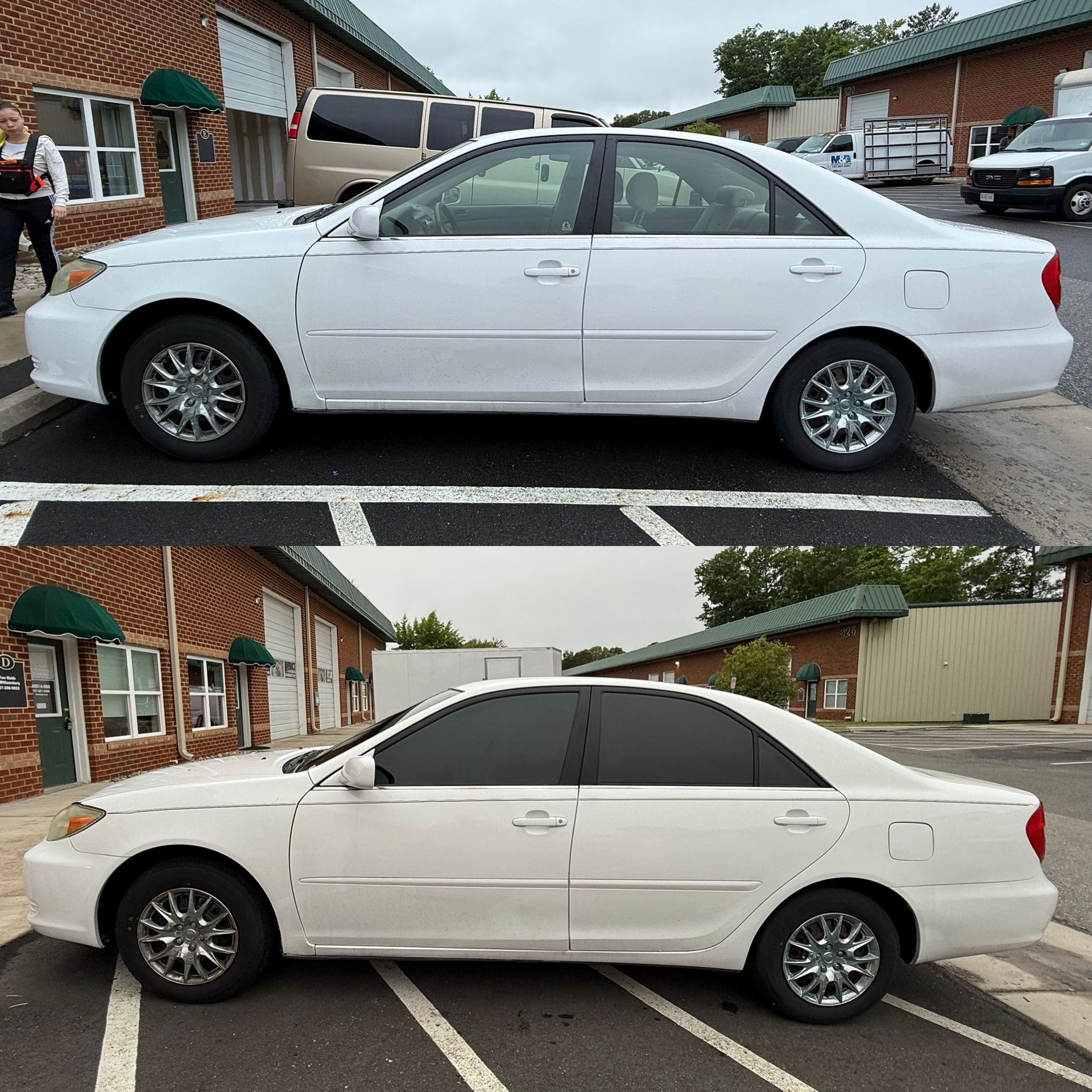 Side-by-side white sedan photos showing stock windows versus dark tinted windows in a parking lot