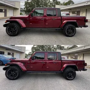 Two side-view photos of a maroon pickup truck with black wheels parked in a driveway, showing slight angle differences