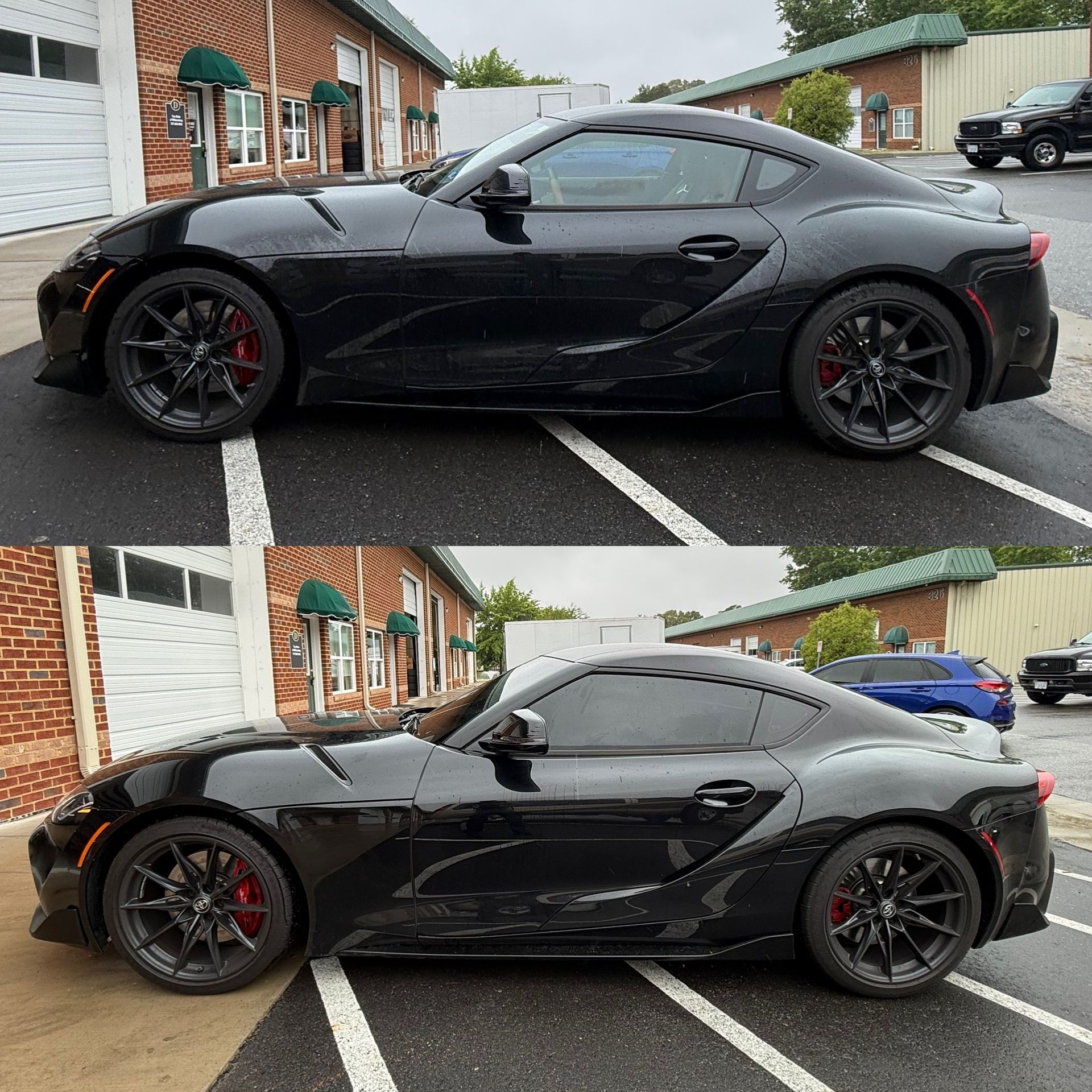 Black sports car shown in two side-view photos, parked outside a brick building on a wet lot