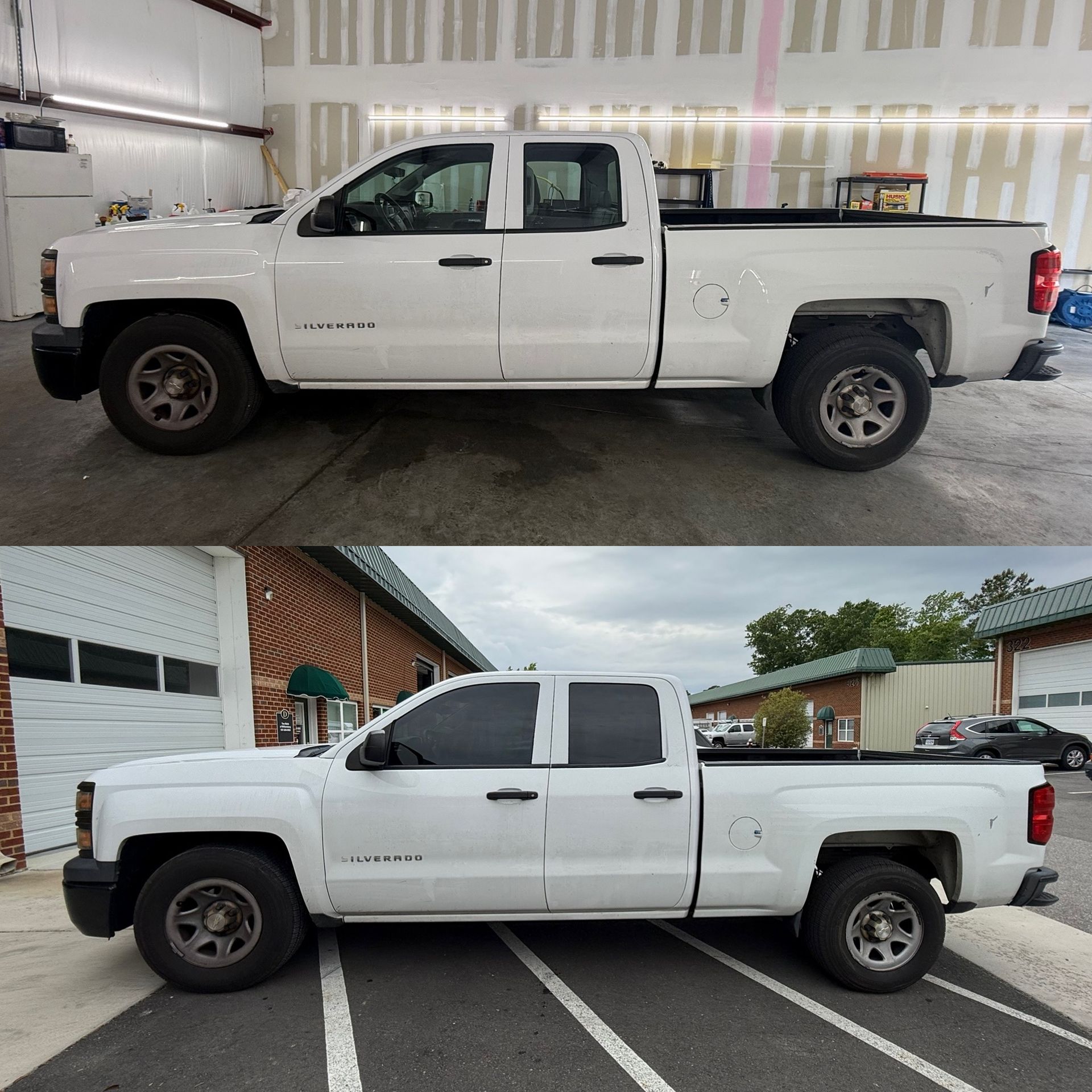 White extended-cab pickup truck shown from the side in two different parking locations