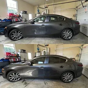 Gray sedan shown in two side-view photos inside a garage after a dent repair