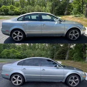 Side-view photo of a silver sedan parked on a road beside green trees, shown twice stacked vertically.