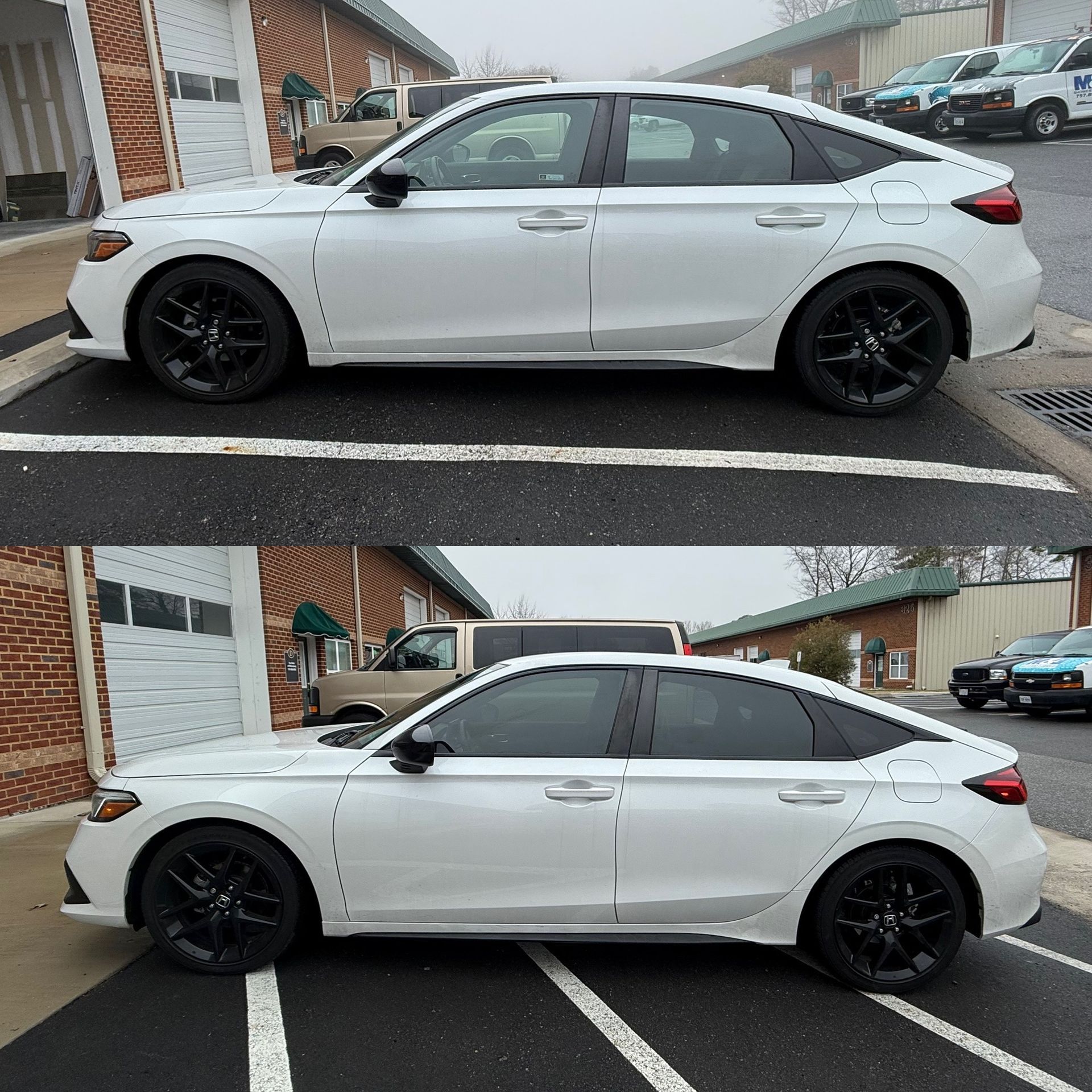 White sedan parked in a lot, shown in side view from two slightly different angles.