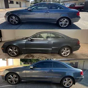 Three side-view photos of a blue-gray coupe parked outdoors in different locations.