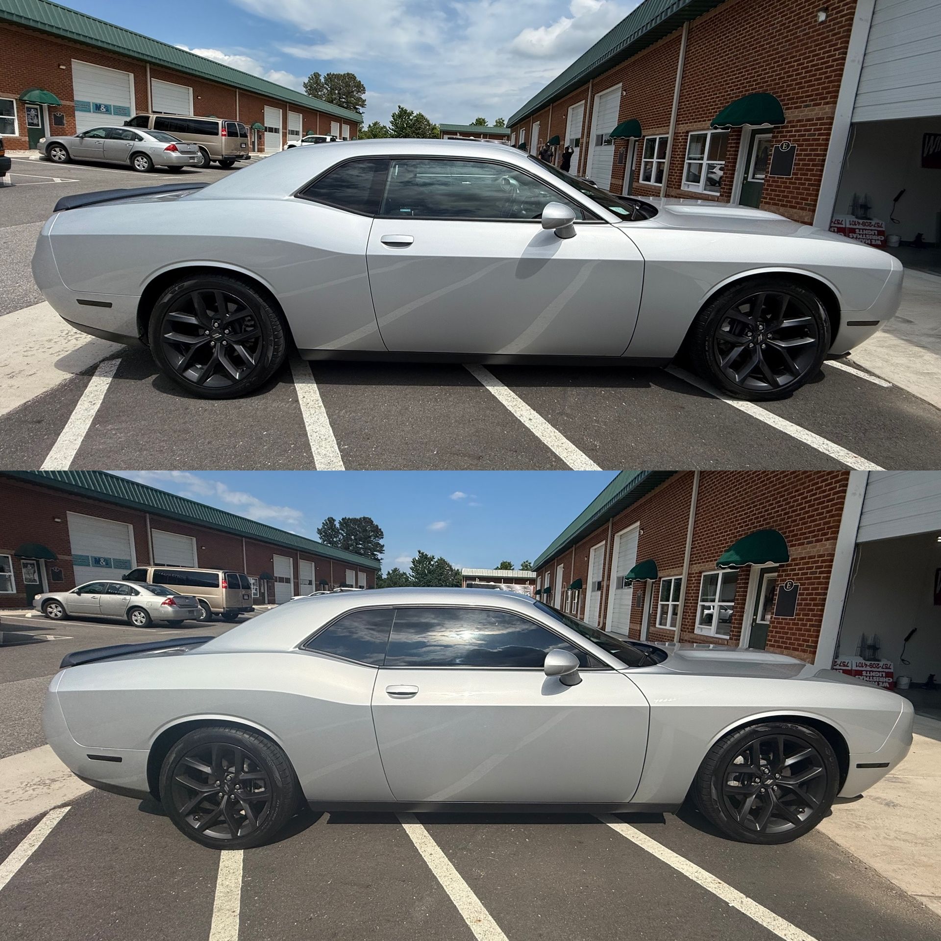 Silver sports coupe parked in a shopping center lot, shown in two side-by-side views.