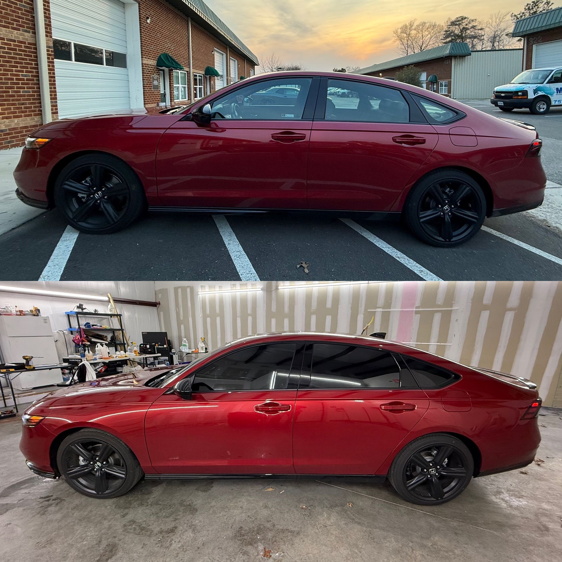 Red sedan with black wheels shown in side view, outdoors at sunset and indoors in a garage.