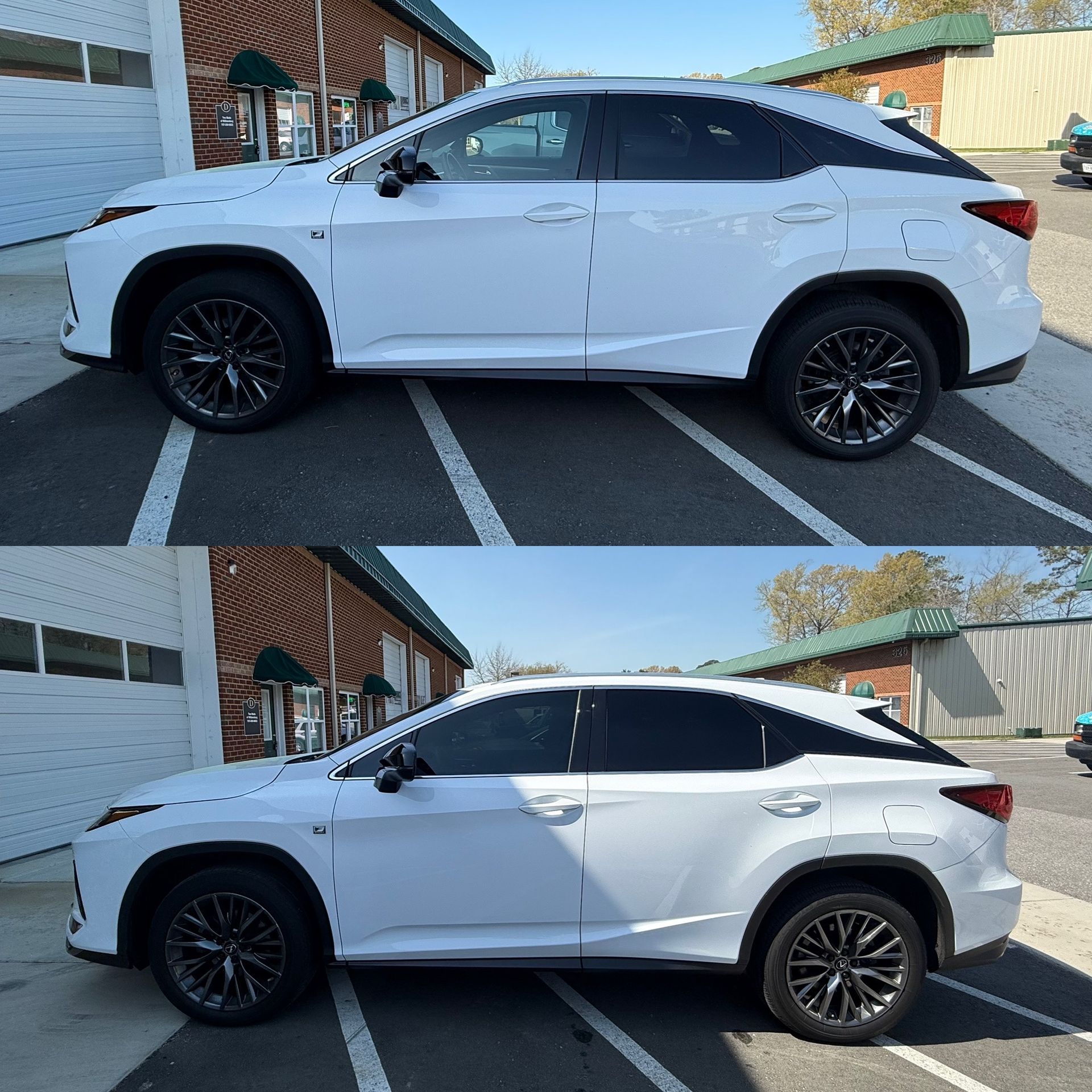 White SUV parked in a lot, shown from the side in two slightly different angles.