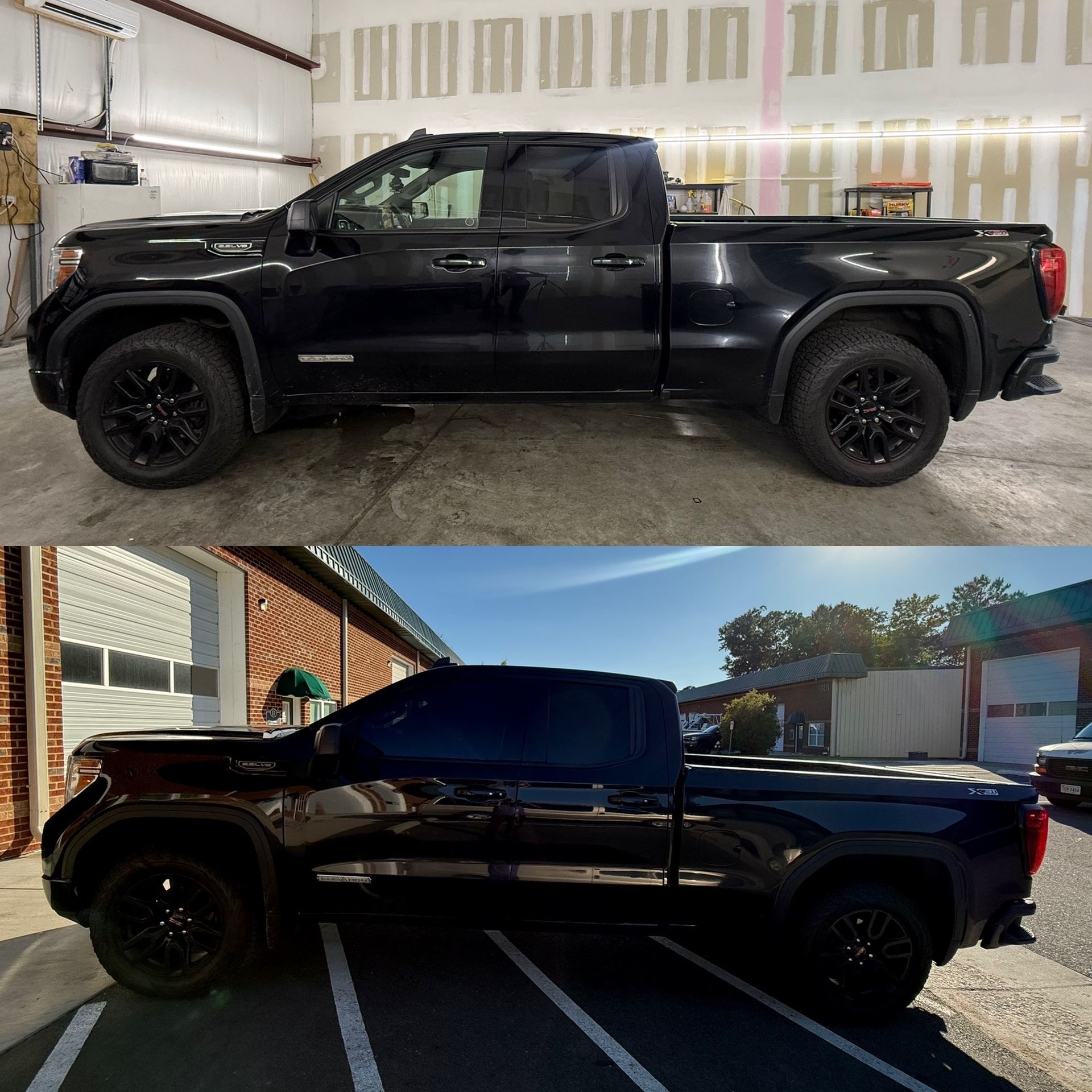 Black pickup truck shown in two side-view photos, parked indoors and outdoors.