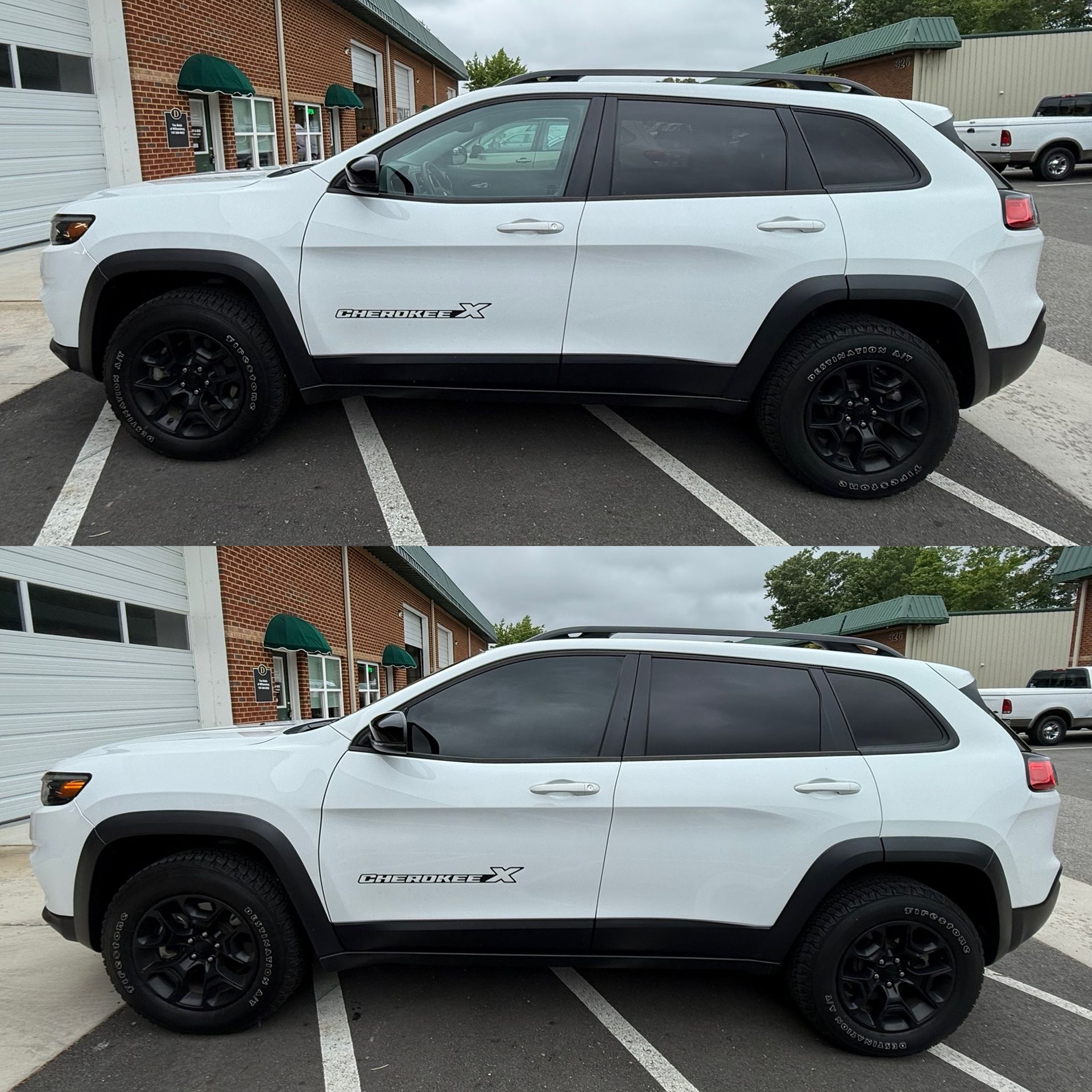 White Jeep Cherokee SUV with black wheels, shown in side view parked in a lot.