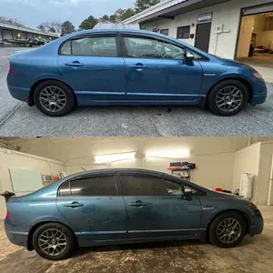 Blue sedan shown in side view, with before-and-after garage photos stacked top and bottom.