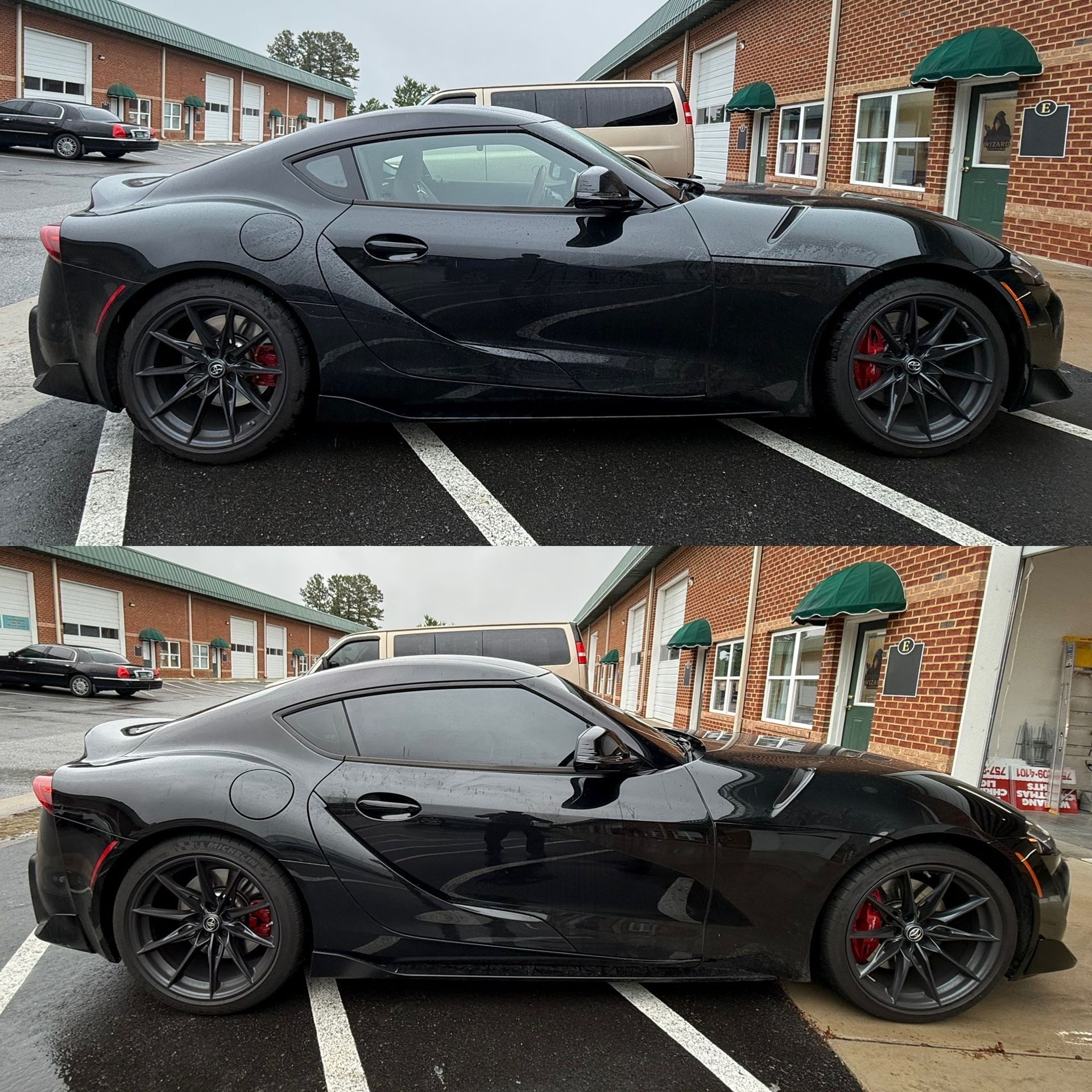 Black sports car shown in two side views parked outside a brick building on a wet lot
