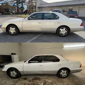 Side-by-side before-and-after photos of a white four-door sedan, one damaged and one repaired.