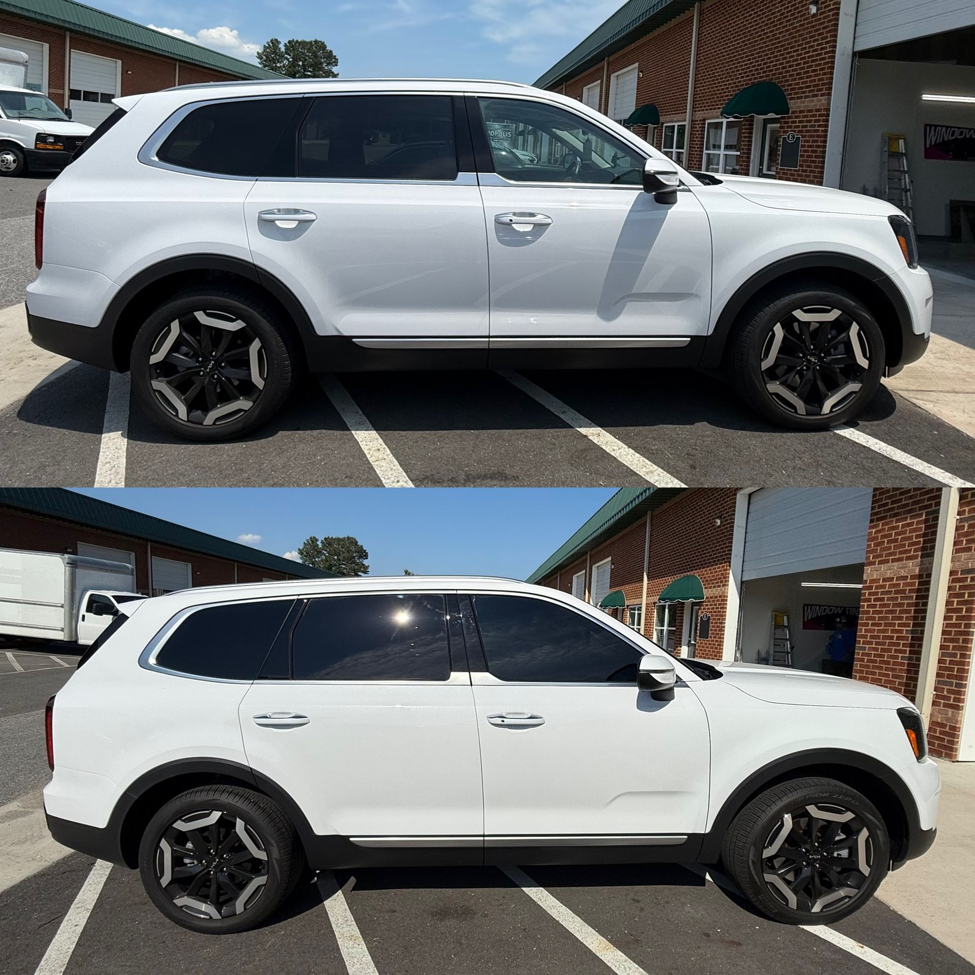 White SUV shown in side-profile comparison, parked outdoors in sunlight, with black wheels and tinted windows