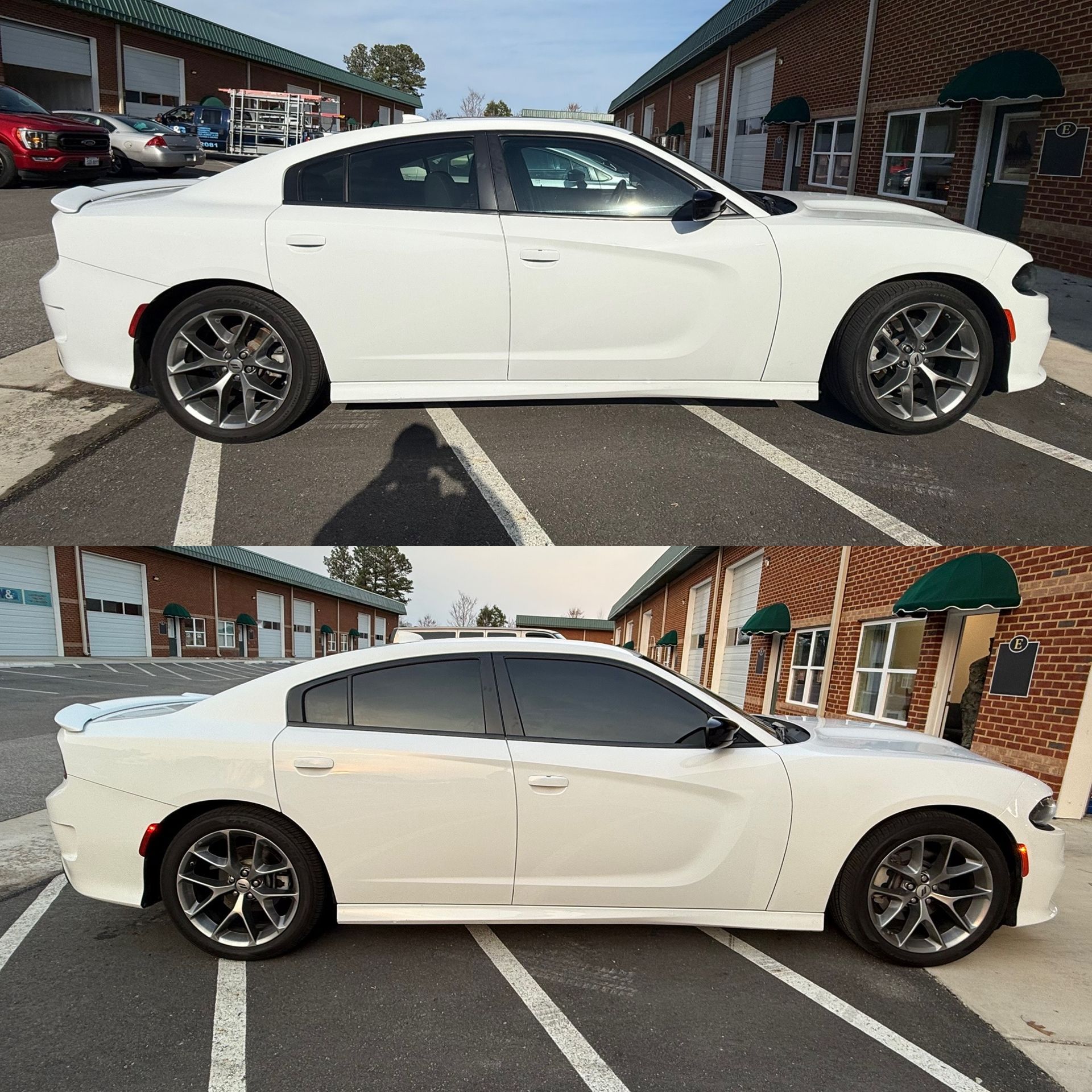 White sports sedan parked in front of brick buildings, shown from the side in two similar views.