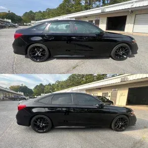Black sedan in side view, shown before and after with tinted windows and black rims in a parking lot