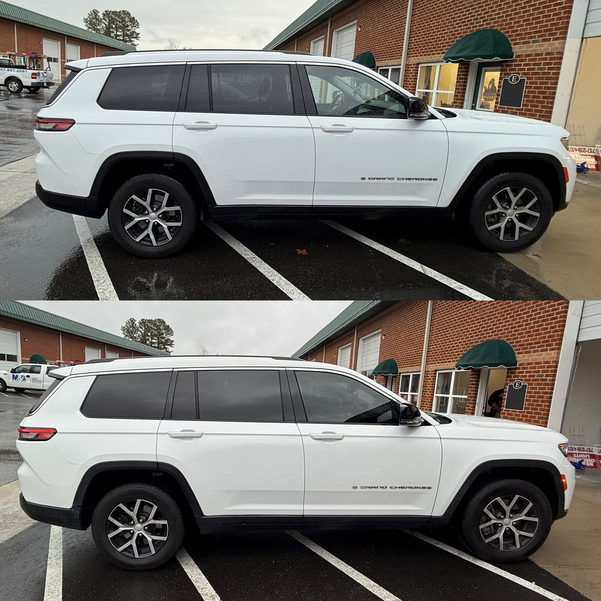 White SUV parked diagonally across two spaces in a wet parking lot, shown in two side-by-side views.