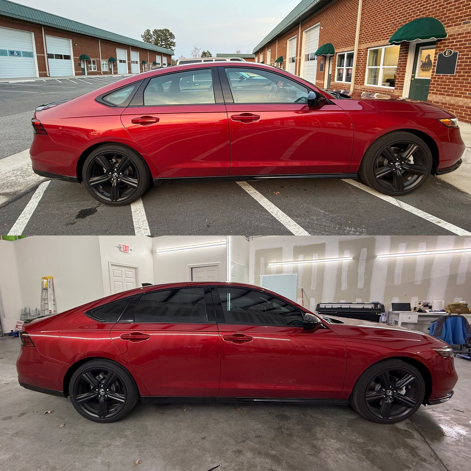 Red sedan shown outdoors and in a garage, side view with black wheels and tinted windows.