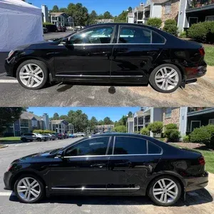 Black sedan parked outdoors, shown in two side-profile views in a residential neighborhood.